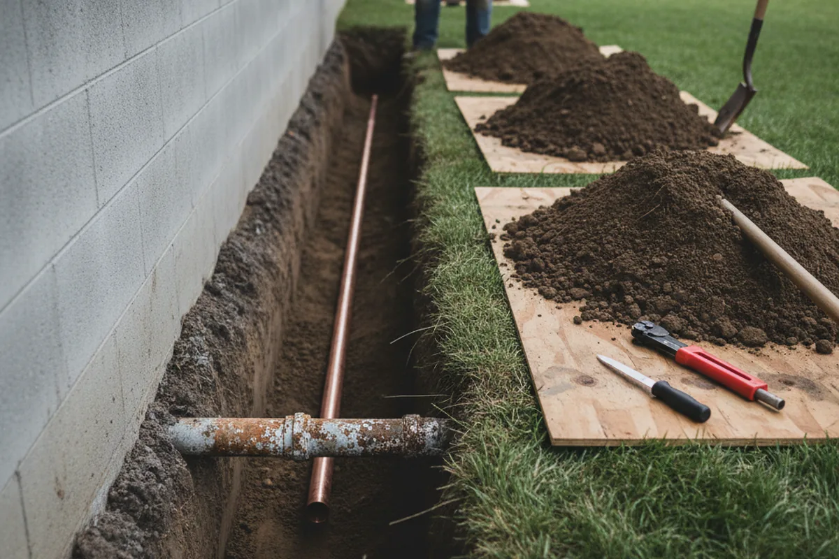 Excavated water line trench during Water Softener Installation in Diamond